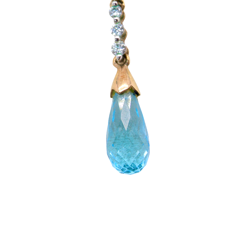 A pendant and earring set. The pendant has a pear shaped facet cut blue topaz 10x5mm.