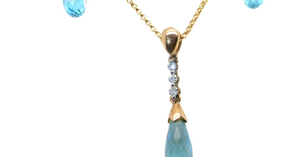 A pendant and earring set. The pendant has a pear shaped facet cut blue topaz 10x5mm. Above this three brilliant cut white cubic zirconia stones ,length 20mm.
