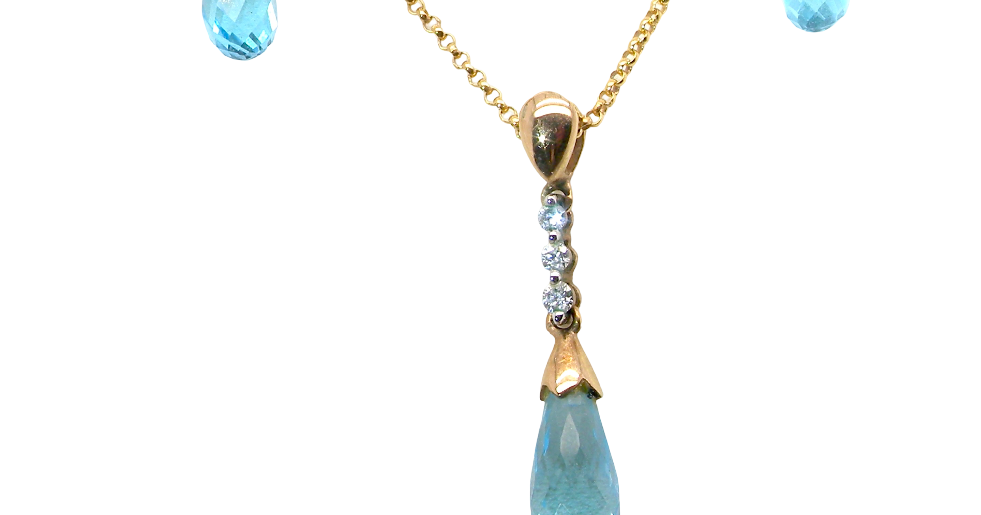A pendant and earring set. The pendant has a pear shaped facet cut blue topaz 10x5mm. Above this three brilliant cut white cubic zirconia stones ,length 20mm.