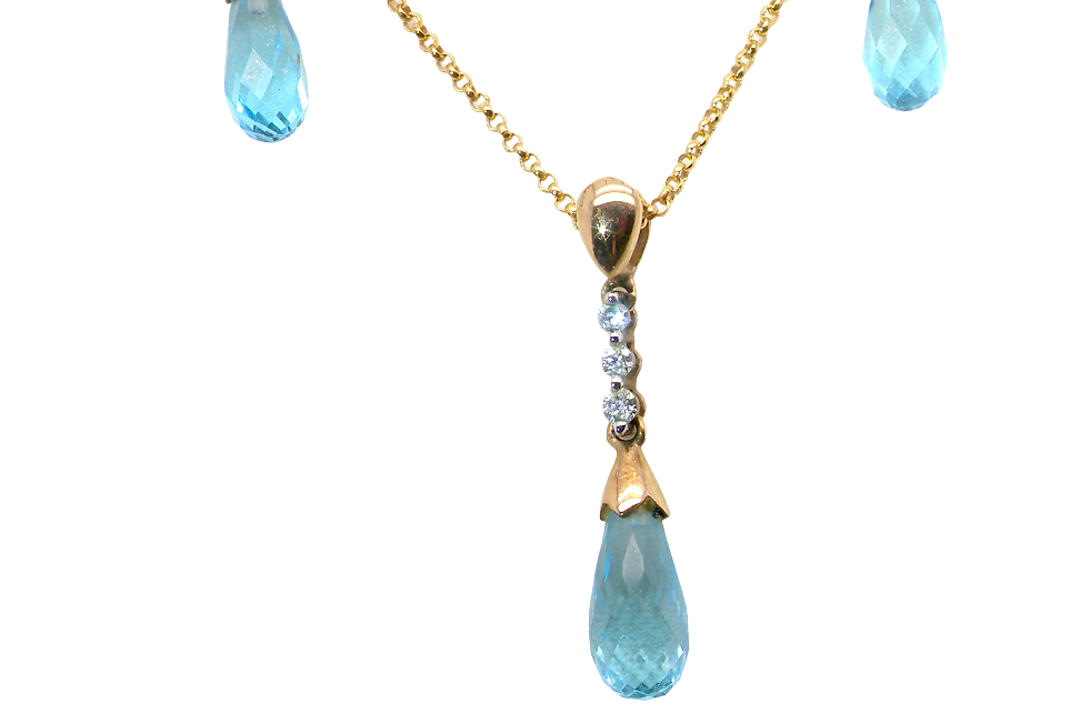 A pendant and earring set. The pendant has a pear shaped facet cut blue topaz 10x5mm. Above this three brilliant cut white cubic zirconia stones ,length 20mm.