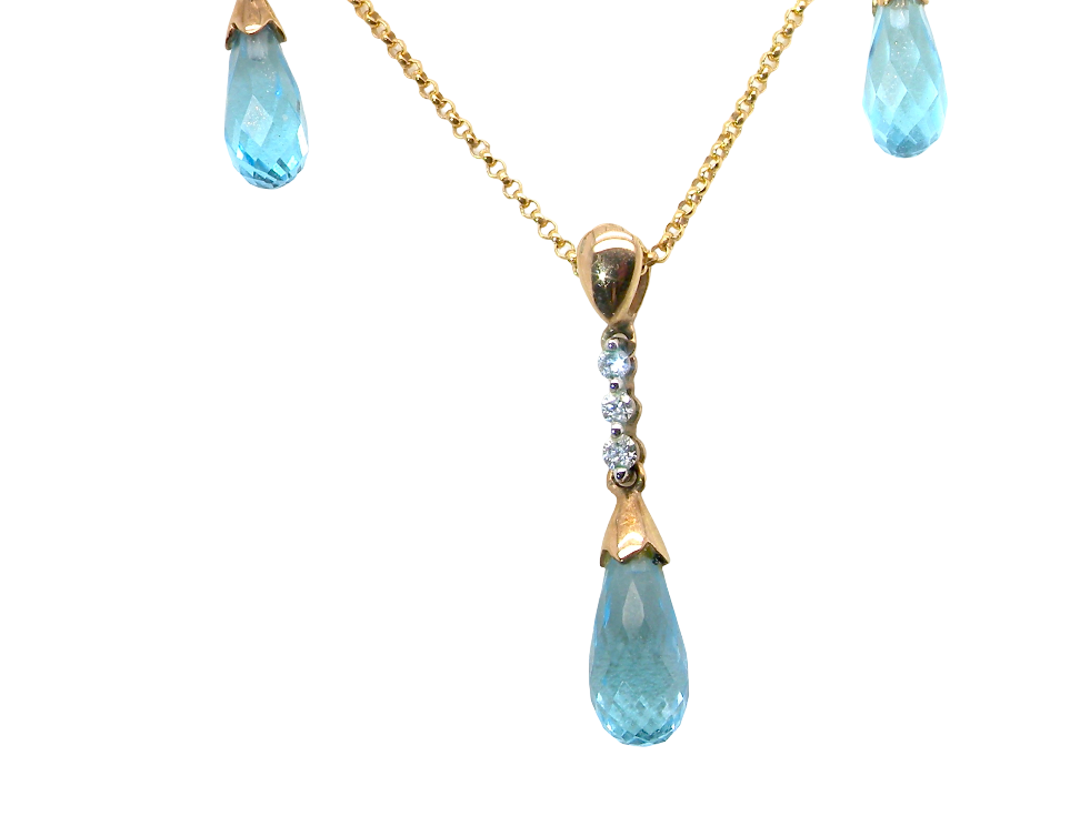A pendant and earring set. The pendant has a pear shaped facet cut blue topaz 10x5mm. Above this three brilliant cut white cubic zirconia stones ,length 20mm.