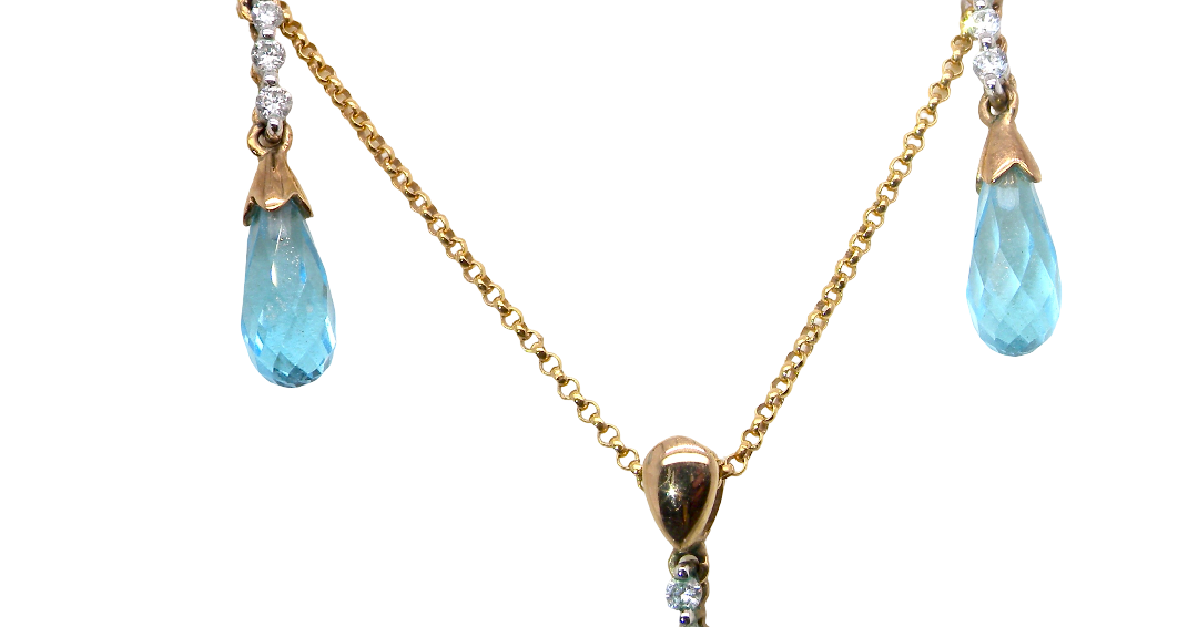 A pendant and earring set. The pendant has a pear shaped facet cut blue topaz 10x5mm. Above this three brilliant cut cubic zirconia stones ,length 20mm.