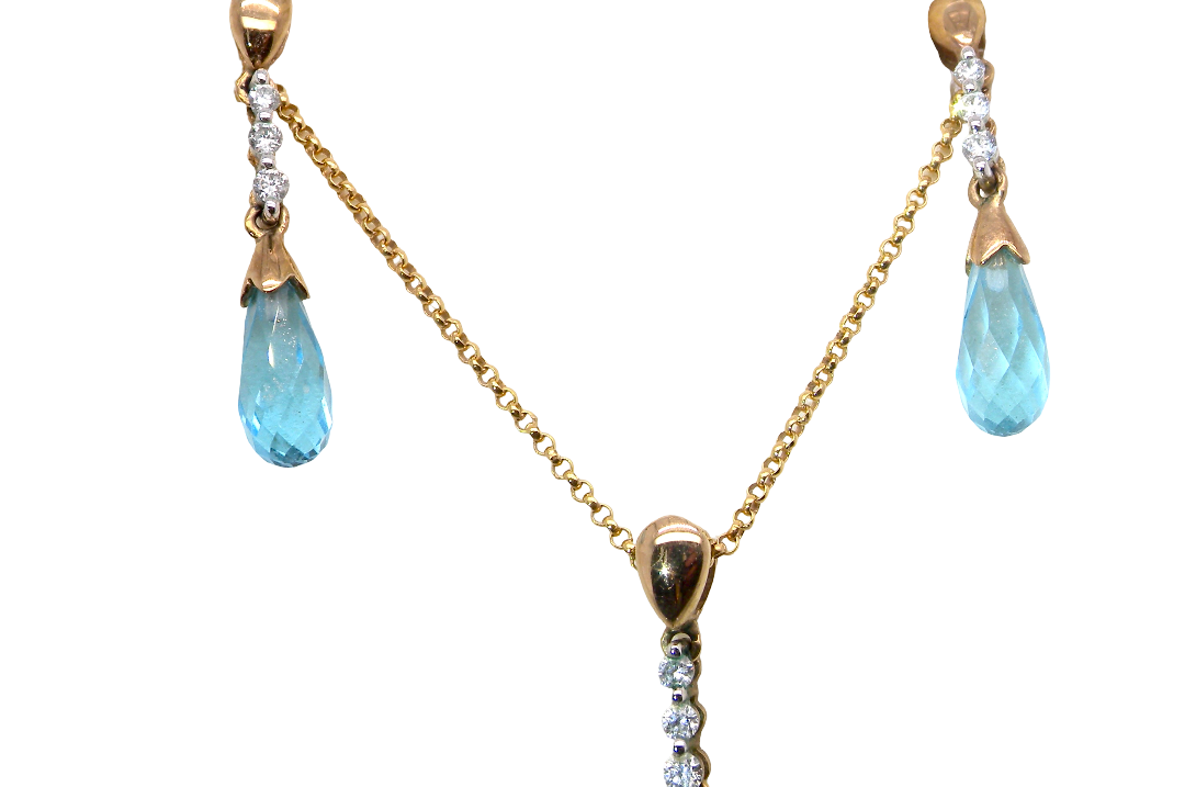 A pendant and earring set. The pendant has a pear shaped facet cut blue topaz 10x5mm. Above this three brilliant cut cubic zirconia stones ,length 20mm.