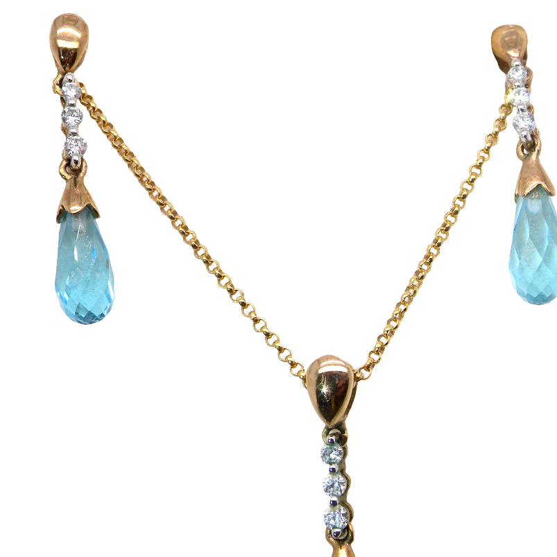 A pendant and earring set. The pendant has a pear shaped facet cut blue topaz 10x5mm. Above this three brilliant cut cubic zirconia stones ,length 20mm.