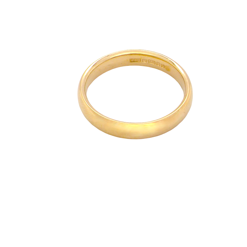 A classic yellow gold band ring with a smooth, polished finish, shown from a top-down perspective on a solid white background.