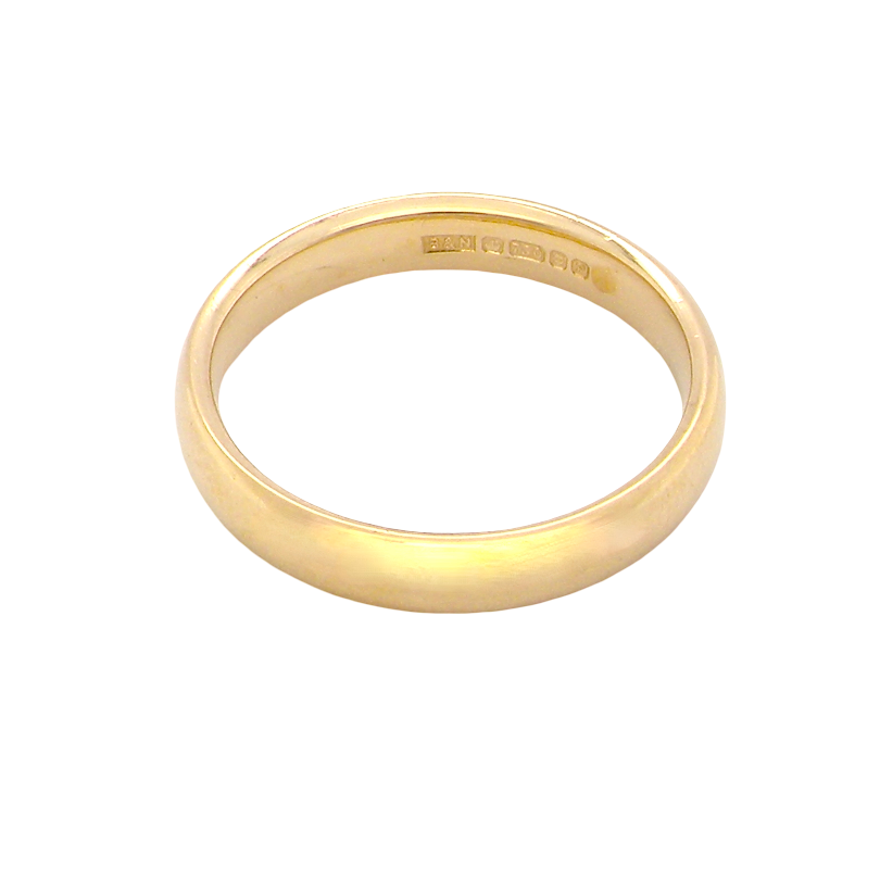 A plain 18 carat gold wedding ring. 3.8mm width, weight 5.4grams. 