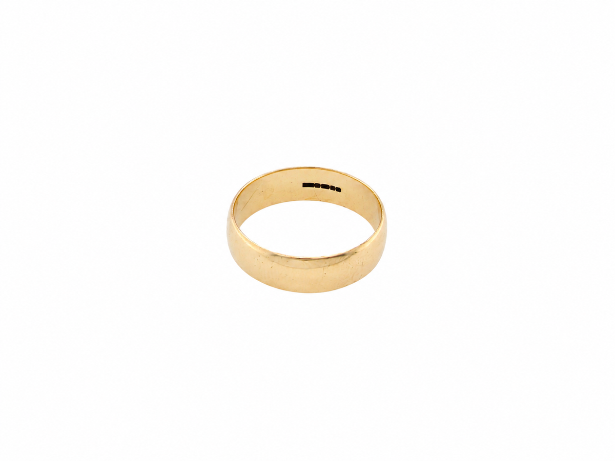 A simple gold band ring with a flat, polished surface, shown on a plain white background.
