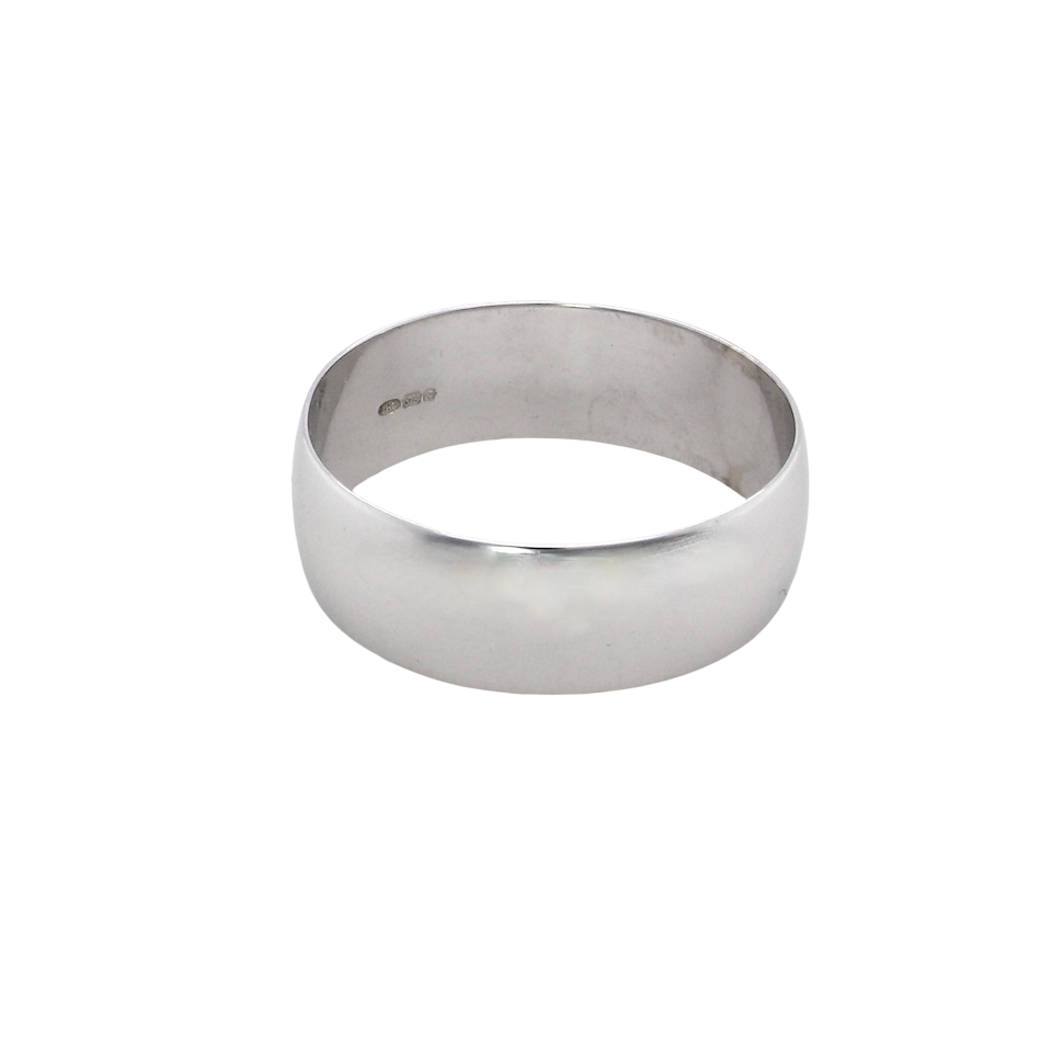 A plain 9 carat white gold wedding ring. Suited to male or female wear,
