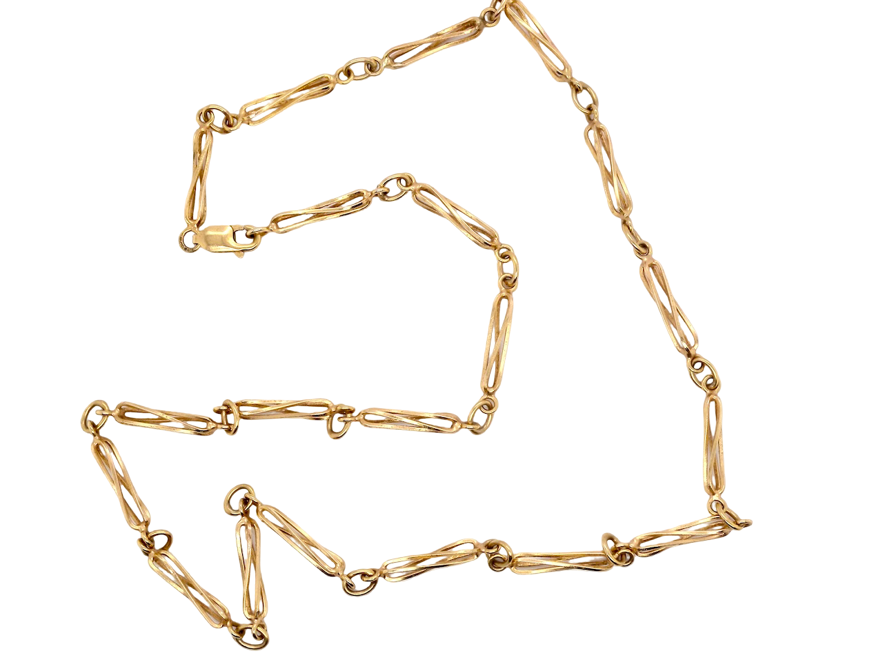 A pretty 9 carat gold neck chain. Each link is cage like design, with a slight twist 15x4mm