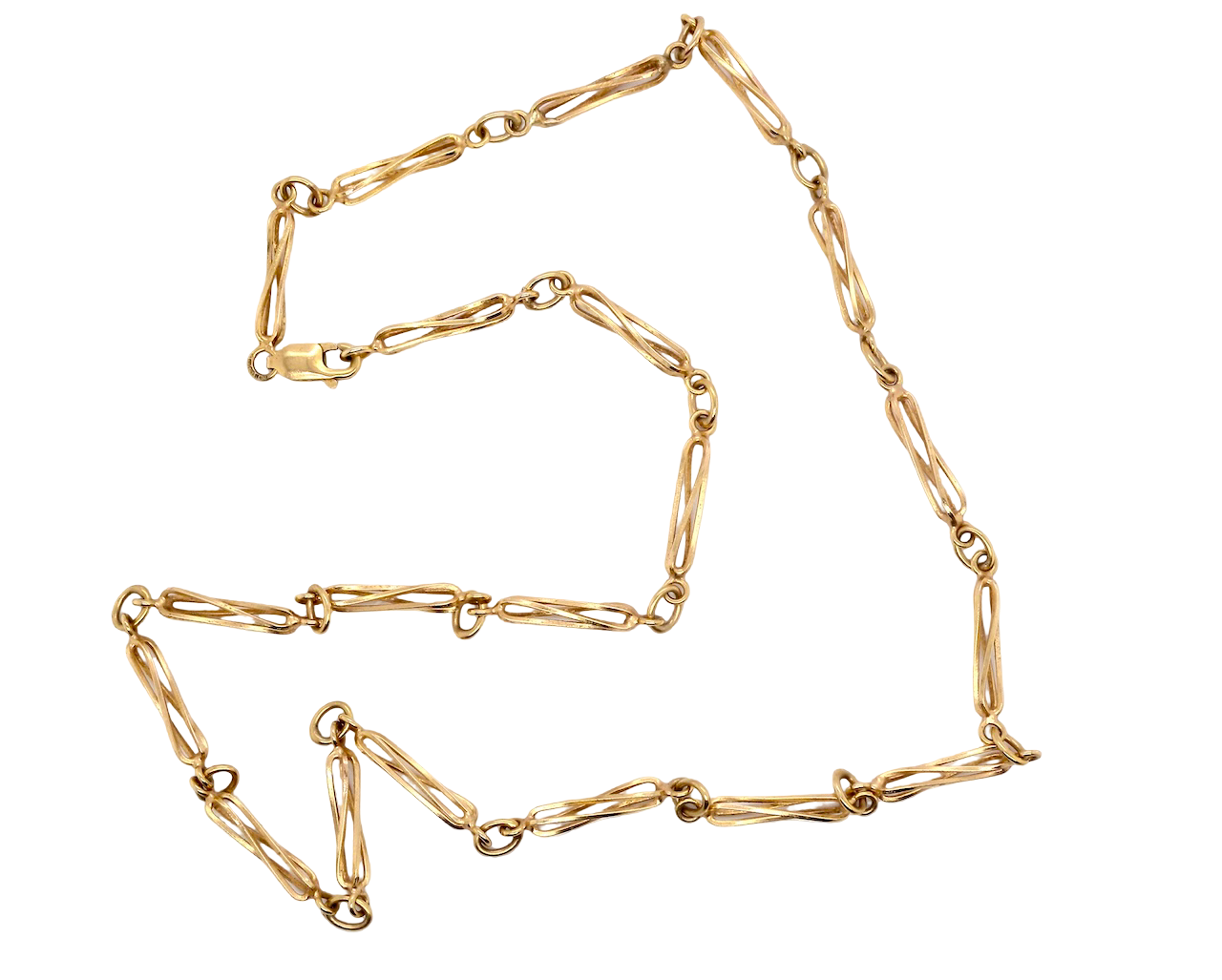 A pretty 9 carat gold neck chain. Each link is cage like design, with a slight twist 15x4mm