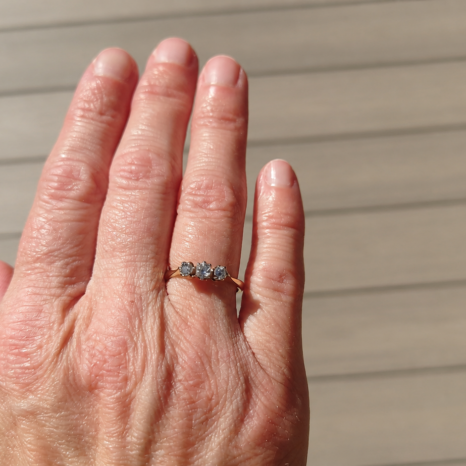 A pretty diamond trilogy ring on a hand