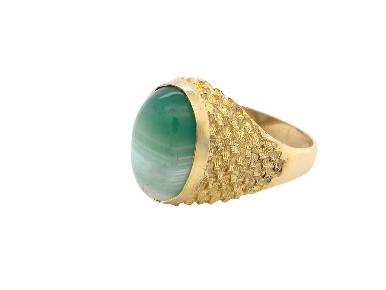 A pretty dress ring. Set with a cabouchon cut banded green agate , colours from jade green with stripes