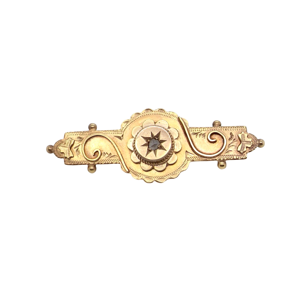 A pretty late Victorian bar brooch. Applied piqué work makes this brooch so attractive and is very much of the period.
