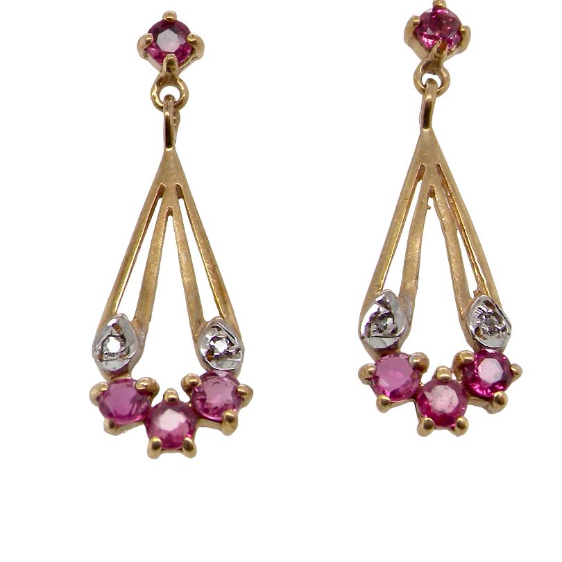 A pair of gold dangle earrings with pink gemstones and clear stones, shown against a plain white background.