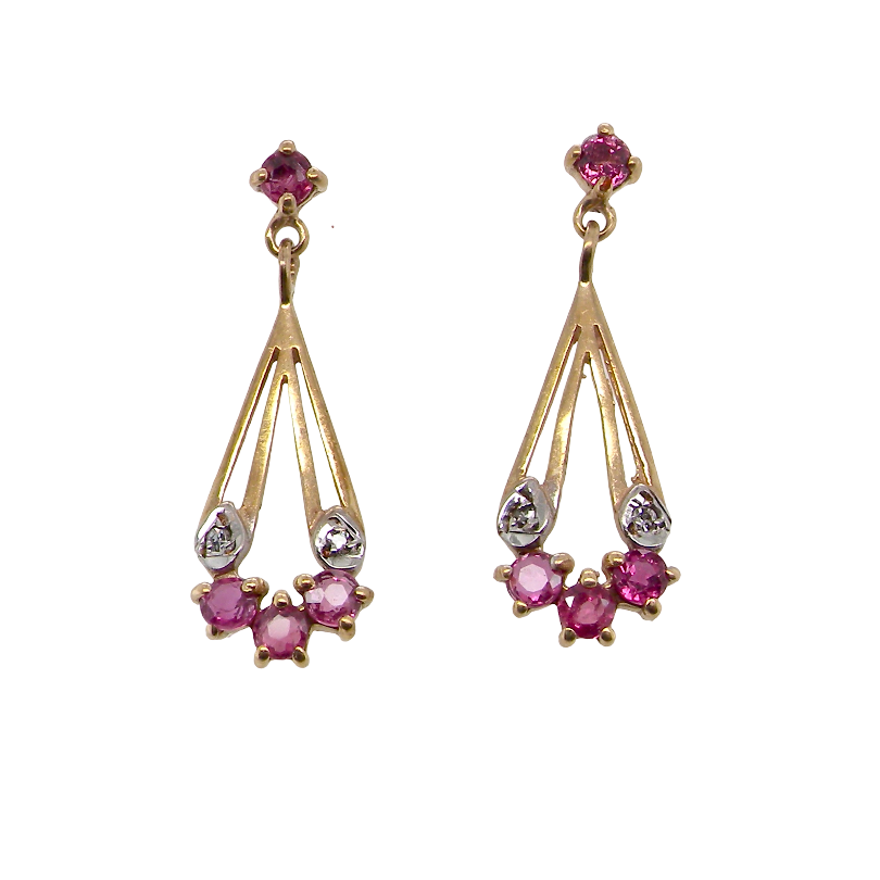 A pair of gold dangle earrings with pink gemstones and clear stones, shown against a plain white background.