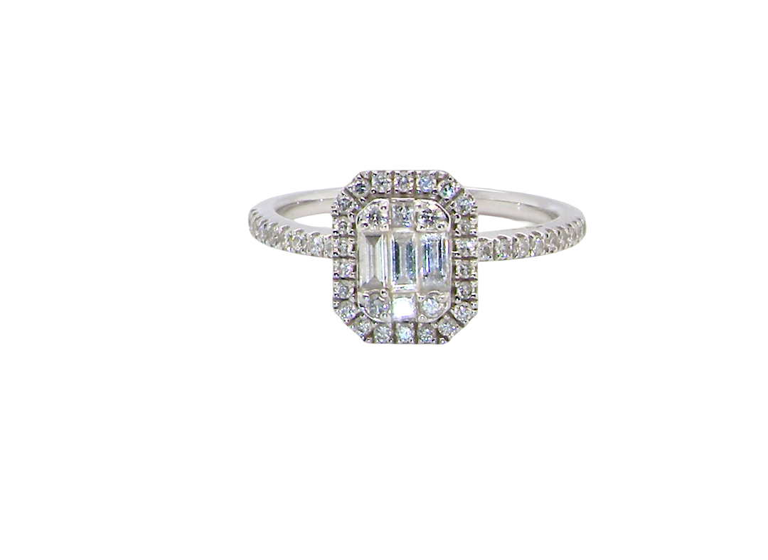 A rectangular diamond cluster ring. Centre portion is set with three baguette cut white diamonds 3x1.6mm and six mixed cut diamonds 2mm each.
Surrounded by a halo of small round diamonds