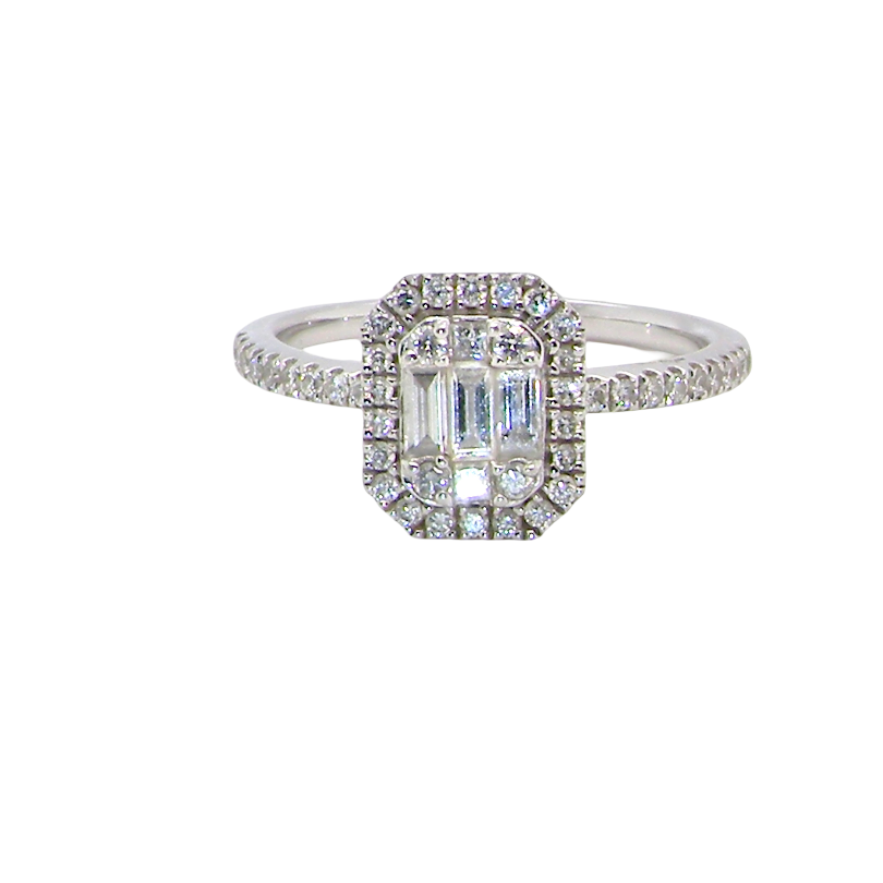 A rectangular diamond cluster ring. Centre portion is set with three baguette cut white diamonds 3x1.6mm and six mixed cut diamonds 2mm each.
Surrounded by a halo of small round diamonds