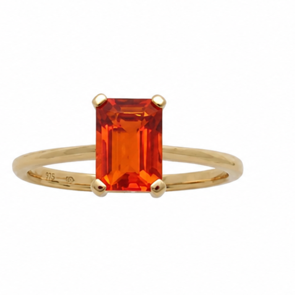 A rectangular fire opal solitaire ring