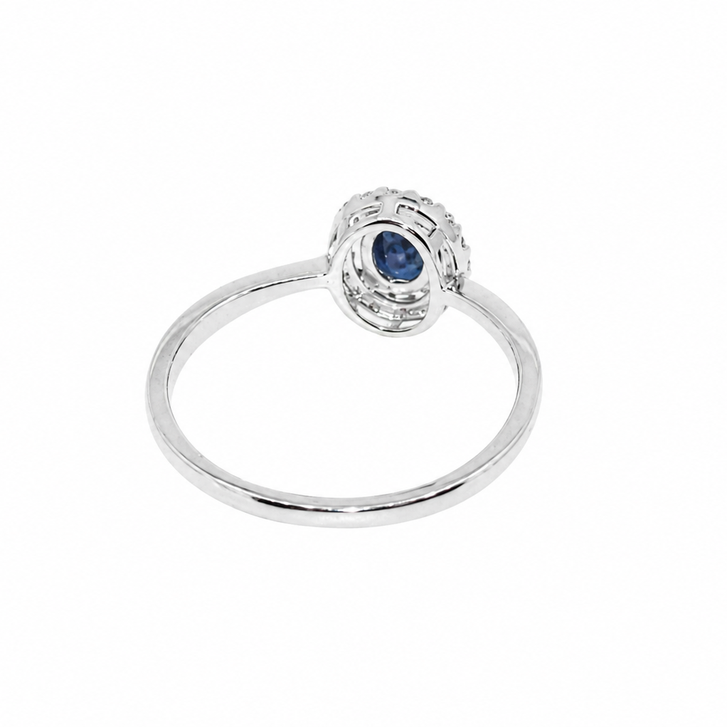 A sapphire & diamond cluster ring rear view