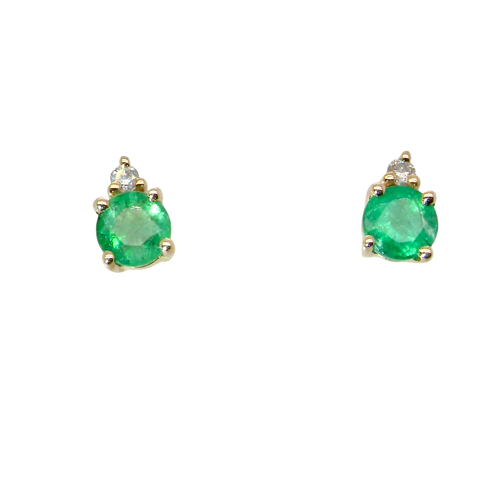 A simple pair of 9 carat gold stud earrings. emerald and diamond