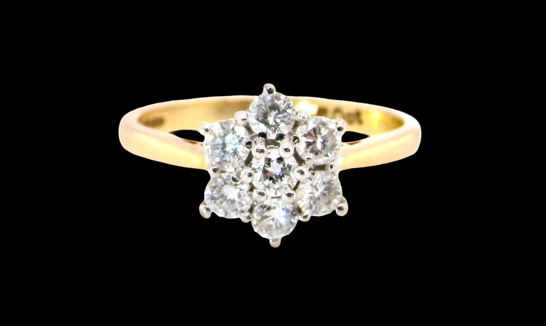 A small cluster ring set with seven bright white brilliant cut white diamonds.
Head measures 8.5mm, each diamond measures 2.8mm