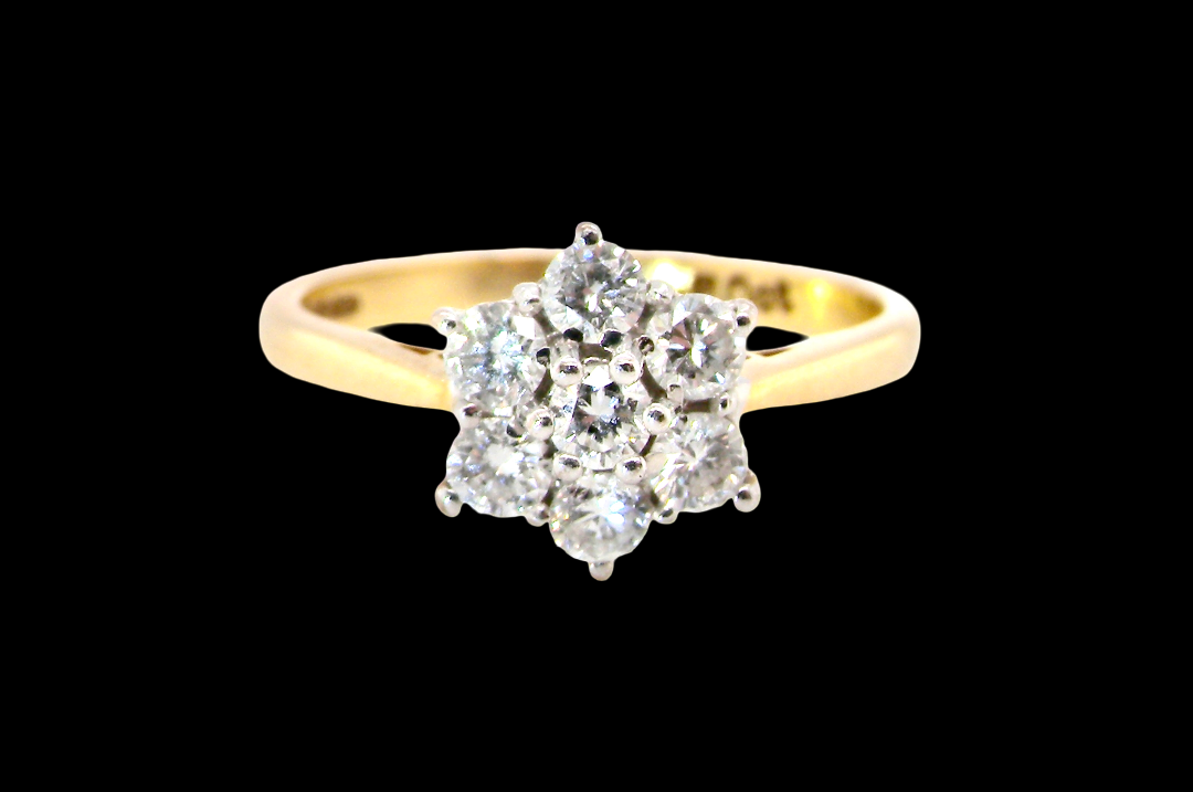 A small cluster ring set with seven bright white brilliant cut white diamonds.
Head measures 8.5mm, each diamond measures 2.8mm