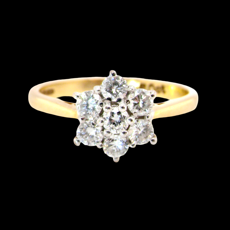 A small cluster ring set with seven bright white brilliant cut white diamonds.
Head measures 8.5mm, each diamond measures 2.8mm