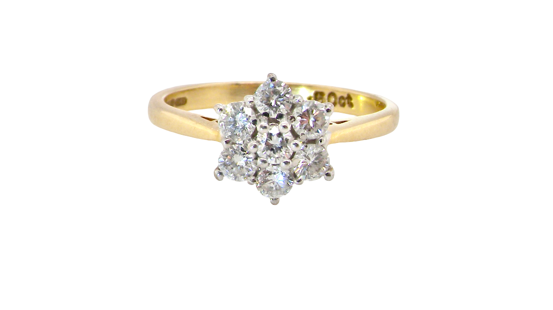 A small cluster ring set with seven bright white brilliant cut white diamonds.
Head measures 8.5mm, each diamond measures 2.8mm (total 0.50 carats