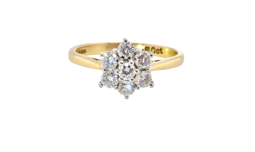 A small cluster ring set with seven bright white brilliant cut white diamonds.
Head measures 8.5mm, each diamond measures 2.8mm (total 0.50 carats