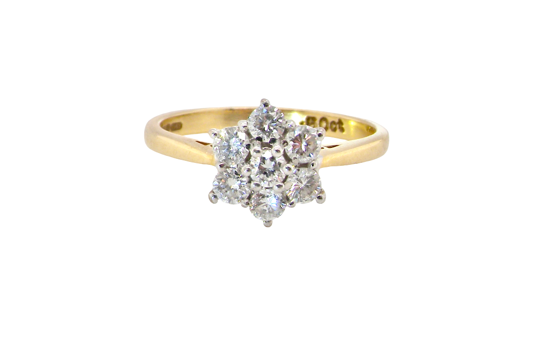 A small cluster ring set with seven bright white brilliant cut white diamonds.
Head measures 8.5mm, each diamond measures 2.8mm (total 0.50 carats