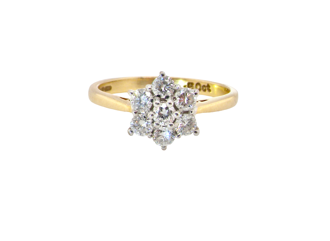 A small cluster ring set with seven bright white brilliant cut white diamonds.
Head measures 8.5mm, each diamond measures 2.8mm (total 0.50 carats