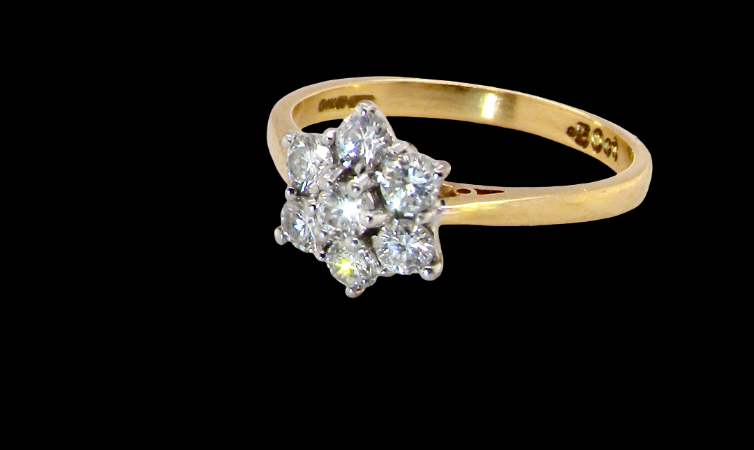 A small cluster ring set with seven bright white brilliant cut white diamonds.
Head measures 8.5mm, each diamond (total 0.50 carats
