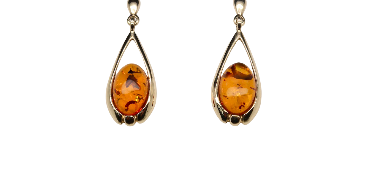 A smart pair of drop earrings, each containing an oval amber stone, measures 12x8mm. 
