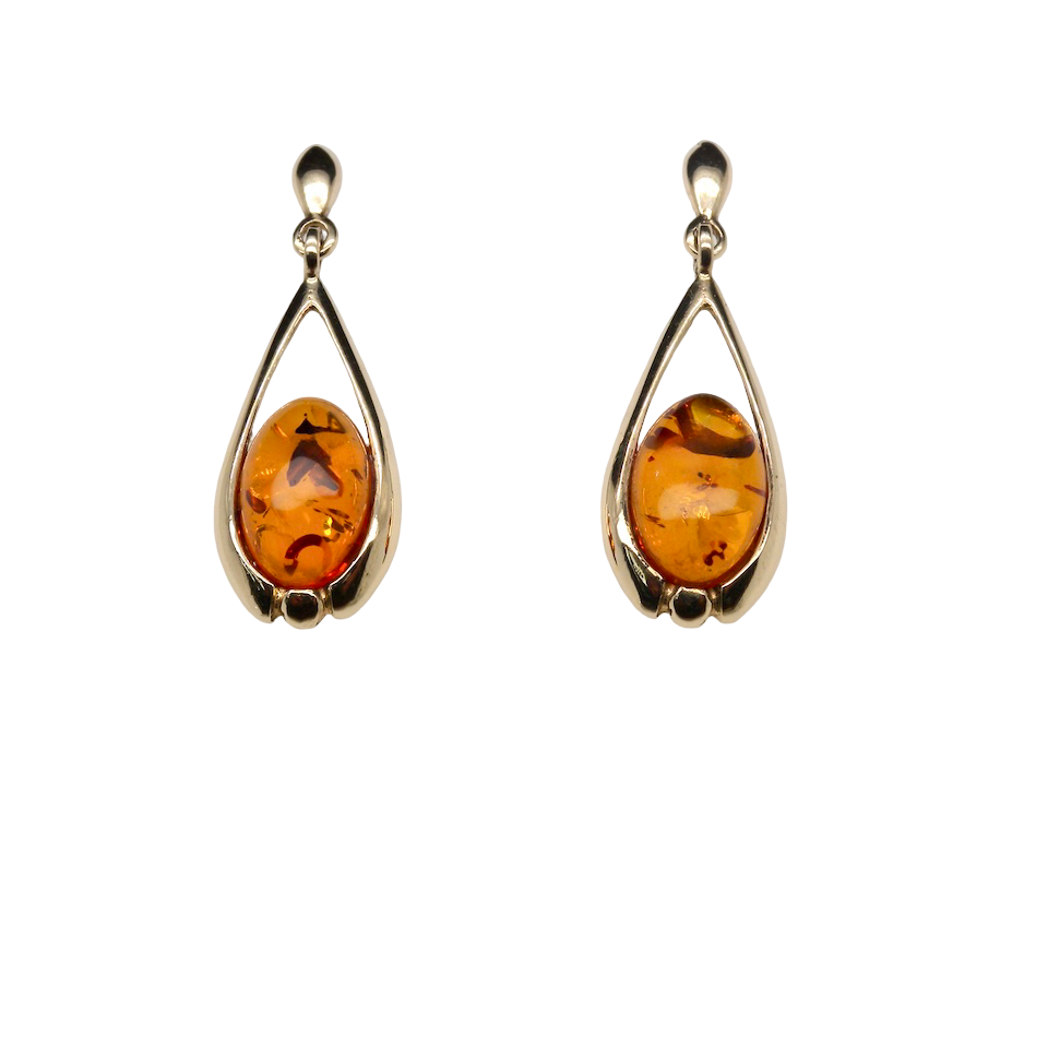 A smart pair of drop earrings, each containing an oval amber stone, measures 12x8mm. 