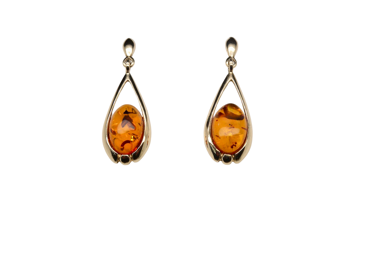 A smart pair of drop earrings, each containing an oval amber stone, measures 12x8mm. 