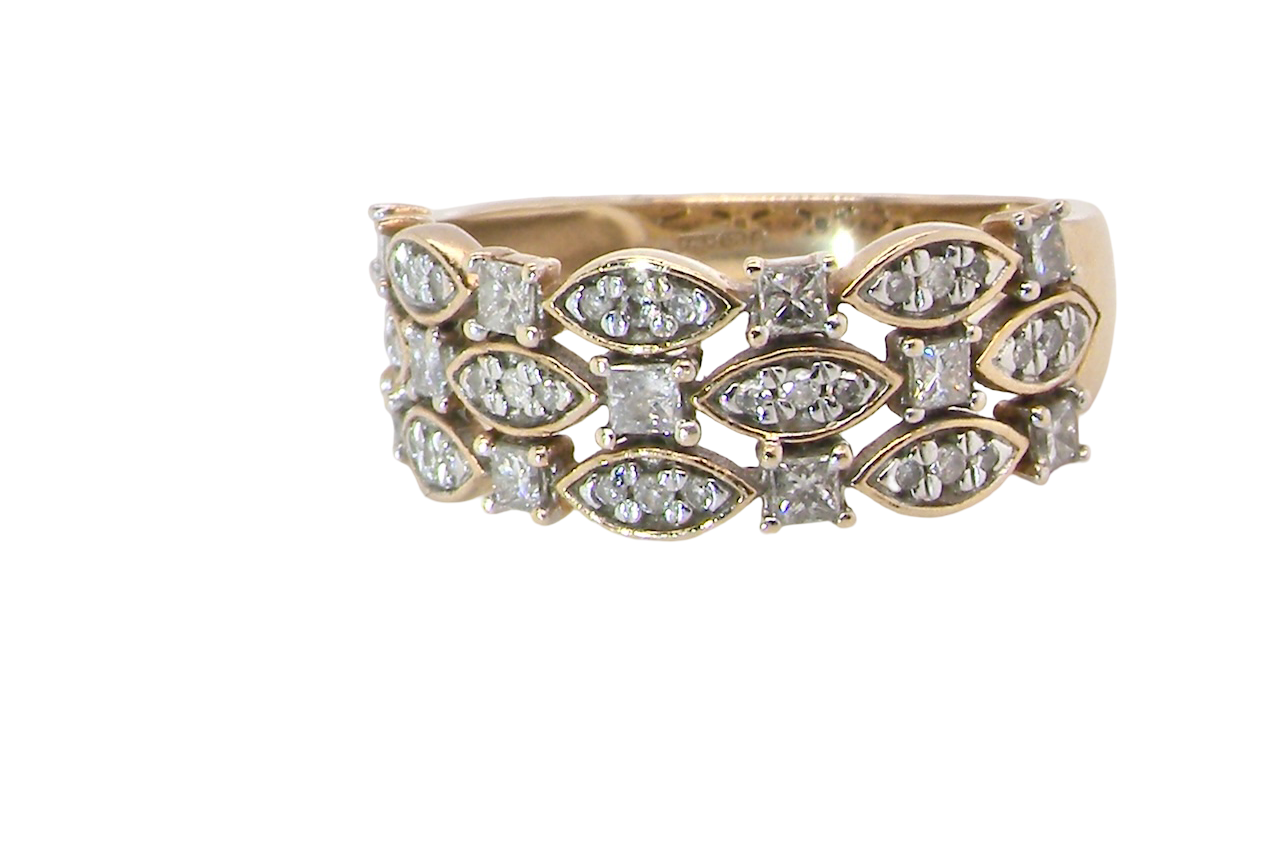 A striking half-hoop style ring three diamond-set bands
