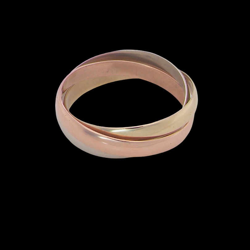 A three colour gold ring (AKA Russian wedding ring) Each band just under 3mm wide,
Yellow, white and rose gold,