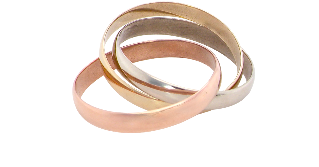 A three colour gold ring (AKA Russian wedding ring) Each band just under 3mm wide, D shape profile.