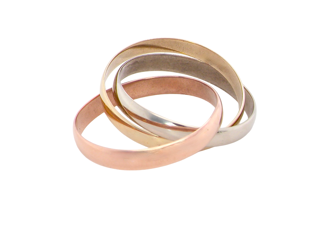 A three colour gold ring (AKA Russian wedding ring) Each band just under 3mm wide, D shape profile.
