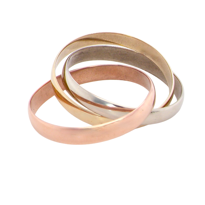 A three colour gold ring (AKA Russian wedding ring) Each band just under 3mm wide, D shape profile.