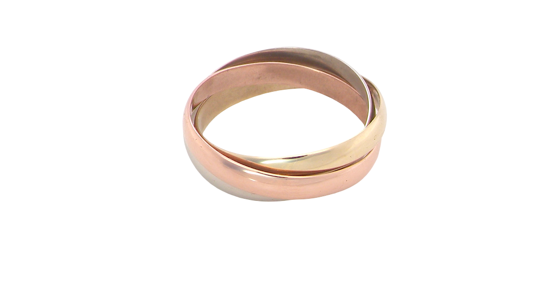 A three colour gold ring (AKA Russian wedding ring) Each band just under 3mm wide, D shape profile.
Yellow, white and rose gold,