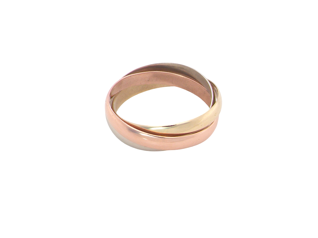 A three colour gold ring (AKA Russian wedding ring) Each band just under 3mm wide, D shape profile.
Yellow, white and rose gold,
