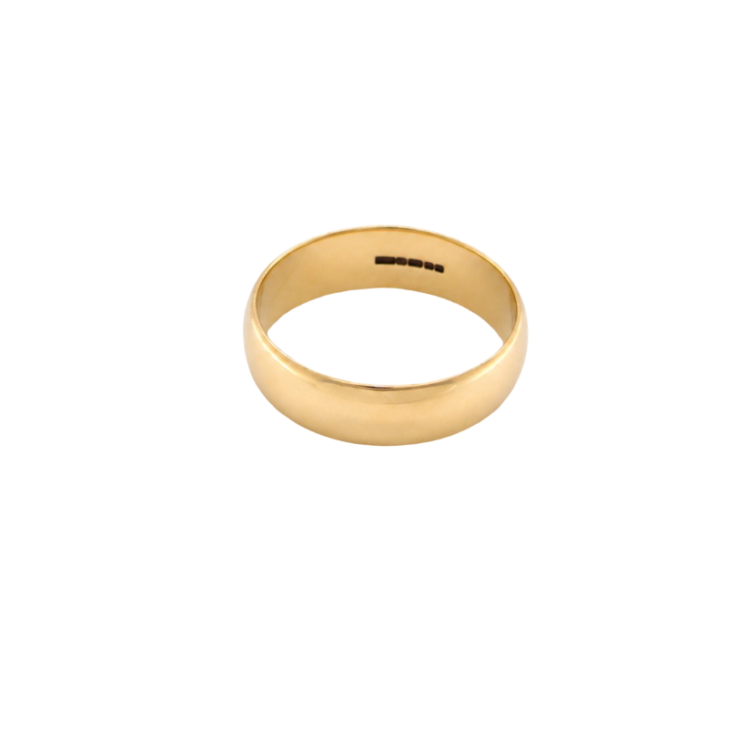 A traditional 9 carat gold wedding ring. 6mm width, D shape profile