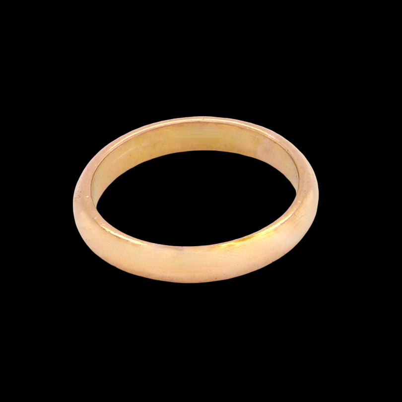 A simple gold band ring with a smooth, matte finish, photographed against a solid black background.
