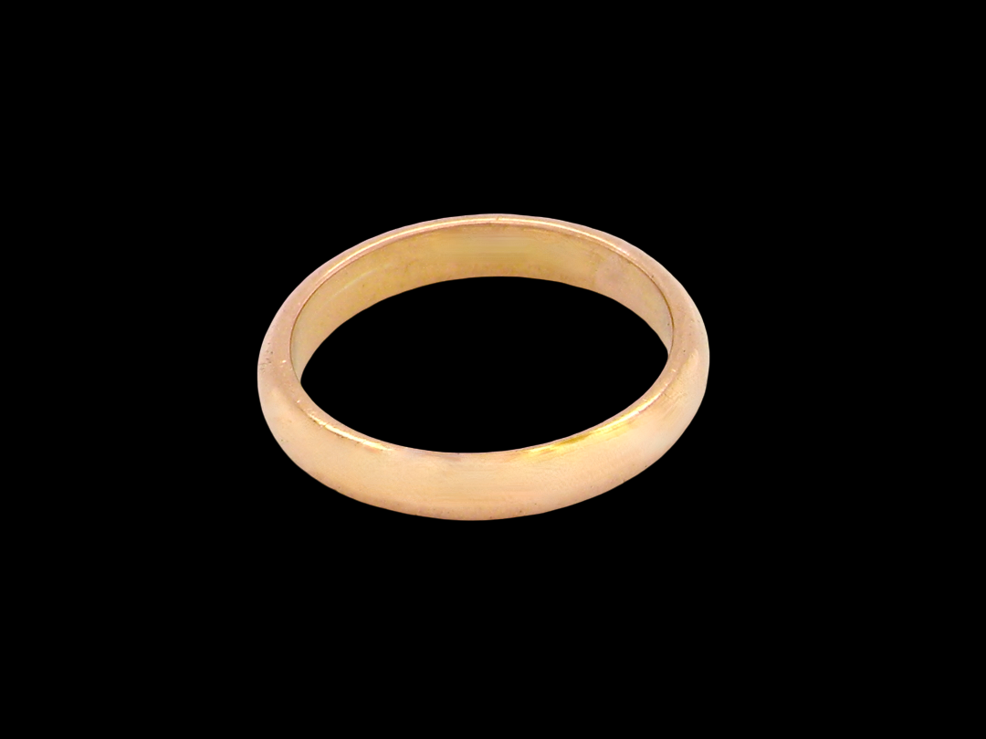 A simple gold band ring with a smooth, matte finish, photographed against a solid black background.