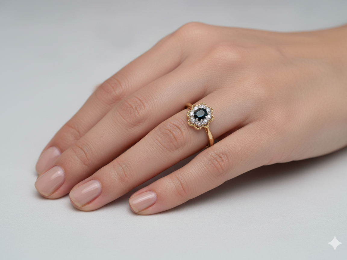 A traditional Sapphire and Diamond cluster ring