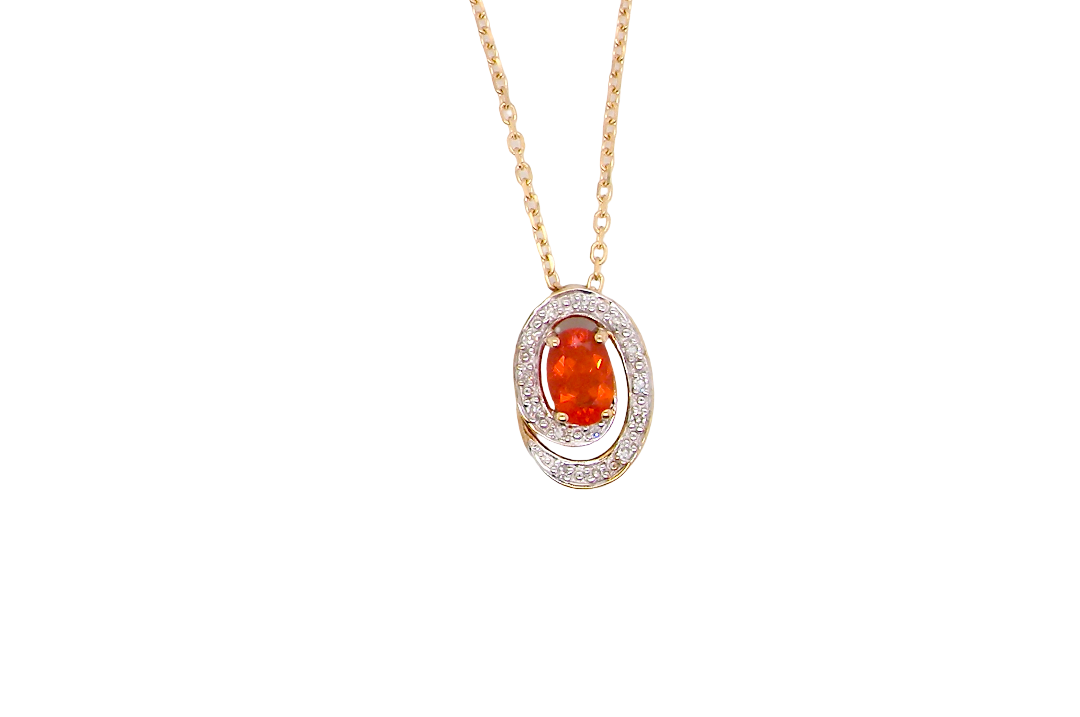 A very pretty pendant set with a fireglow orange Fire Opal. Measures 6x4mm (0.50 carats).