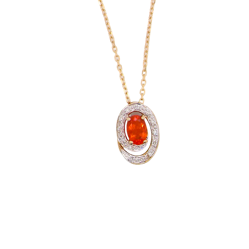A very pretty pendant set with a fireglow orange Fire Opal. Measures 6x4mm (0.50 carats).