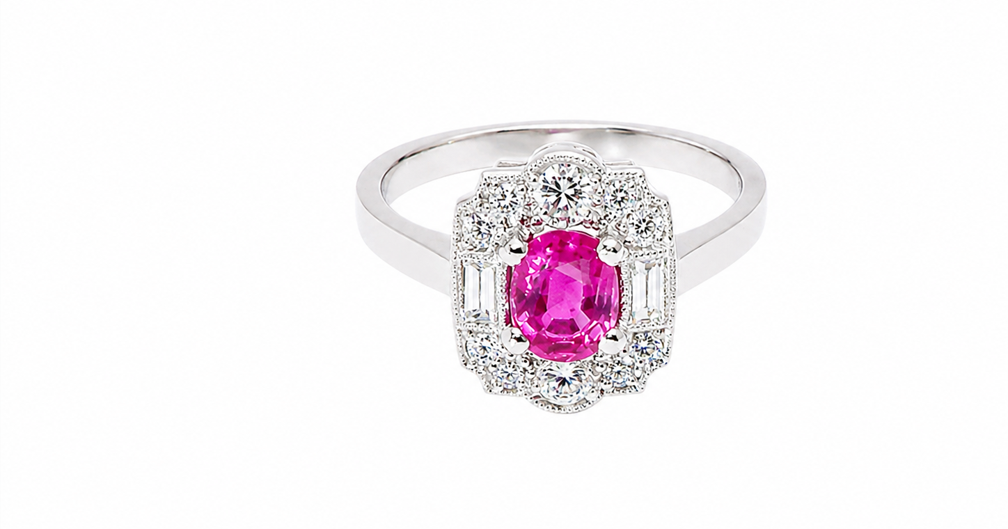 A very pretty ring that features an oval cut pink sapphire, 6x4mm (est 0.50 carats). 