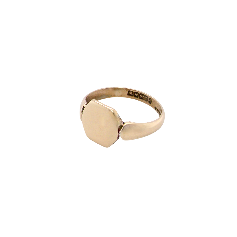 A vintage 9 carat gold signet ring. Six sided shape,